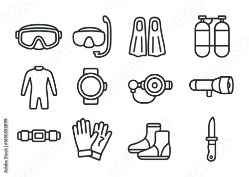 Scuba Gear Icons. Outline icon set of scuba diving gear: diving mask, snorkel, fins, oxygen tank, wetsuit,