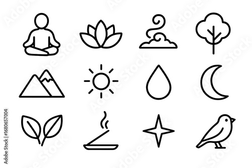 Meditation Icon Set. Outline icon set of meditation in nature: person meditating, lotus flower, aroma cloud,