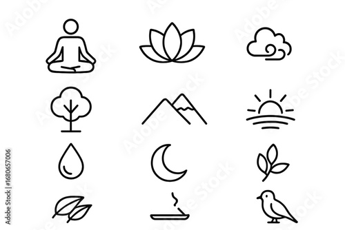 Meditation Icon Set. Outline icon set of meditation in nature: person meditating, lotus flower, aroma cloud,