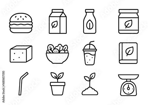 Plant-Based Icon Set. Outline icon set of plant-based lifestyle: vegan burger, soy milk carton, almond milk,