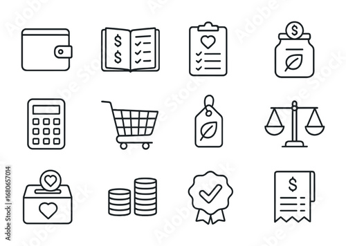 Mindful Spending Icons. Outline icon set of mindful spending: wallet, budget planner, ethical brand list,