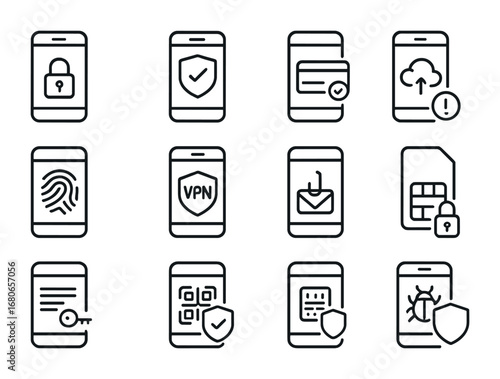 Mobile Security Icon Set. Outline icon set of mobile security: smartphone lock, app shield, secure payment,