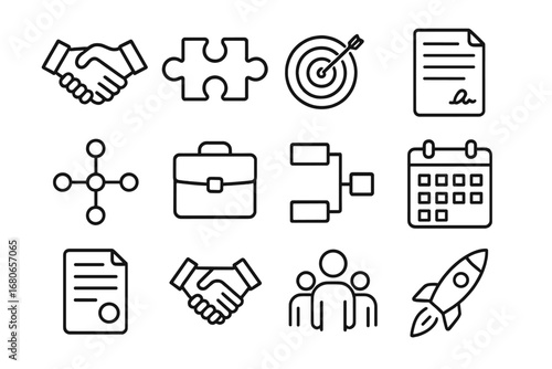 Strategic Icons Grid. Outline icon set of packaging design inspiration: box, jar, bottle, can, bag, ribbon,