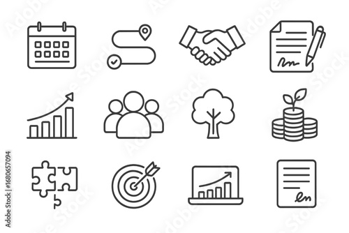 Partnership Icon Set. Outline icon set of packaging design inspiration: box, jar, bottle, can, bag, ribbon,