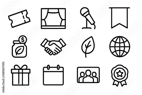 Conservation Event Icons. Outline icon set of conservation fundraising events: ticket, stage, microphone,