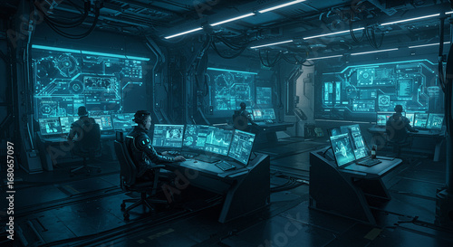 Futuristic Control Room with Glowing Blue Interfaces