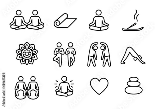 Yoga Icon Set. Outline icon set of yoga with friends: lotus pose, yoga mat, meditation figure, incense,