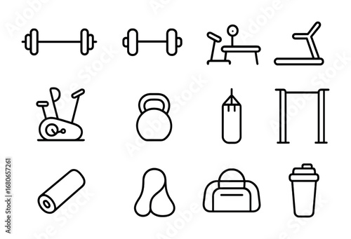 Gym Essentials Icons. Outline icon set of gym essentials: barbell, dumbbell, bench press, treadmill,
