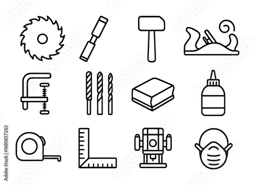 Woodworking Tools Icons. Outline icon set of woodworking tools: saw blade, chisel, mallet, plane, clamp, drill