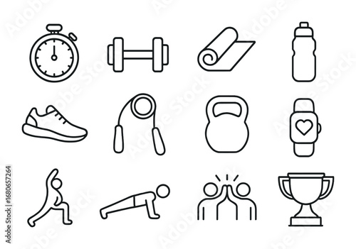 Fitness Challenge Icons. Outline icon set of friends doing a fitness challenge: stopwatch, dumbbell, yoga mat,