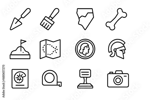 Archaeology Icons Set. Outline icon set of archaeology museums: trowel, brush, pottery shard, bone fragment,