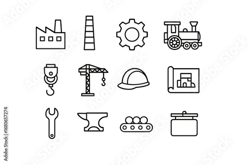 Industrial Heritage Icons. Outline icon set of industrial heritage museums: factory building, smokestack, gear
