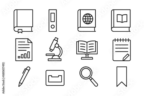 Academic Icons Grid. Outline icon set of academic library items: reference book, archive folder, dictionary,