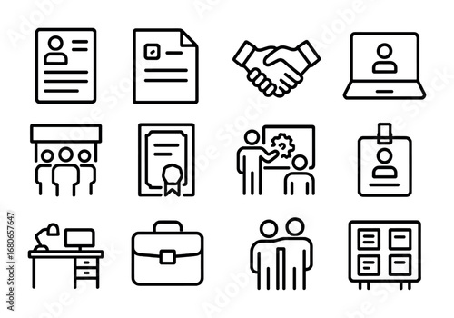 Immigrant Employment Icons. Outline icon set of immigrant employment support: resume, job application,