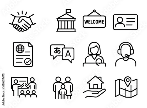 Support Programs Icons. Outline icon set of host country support programs: handshake, government building,