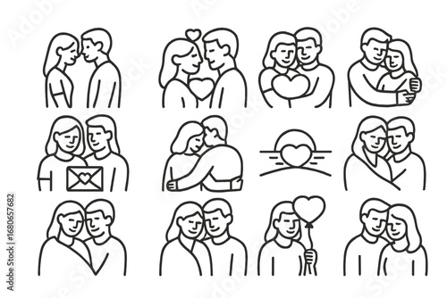 Romantic Icon Set. Outline icon set of couple embracing: holding hands, forehead touch, heart symbol, closed