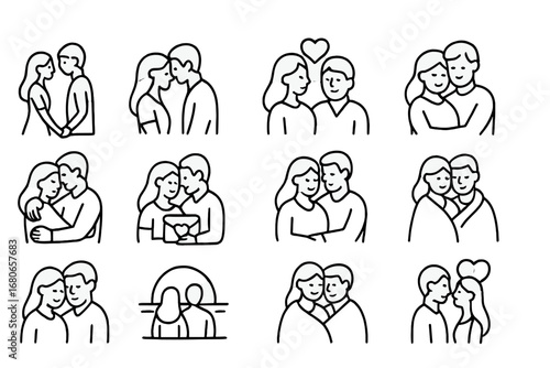 Romantic Icon Set. Outline icon set of couple embracing: holding hands, forehead touch, heart symbol, closed