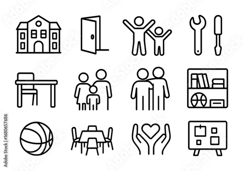 Community Support Icons. Outline icon set of community centers support: community building, open door, group