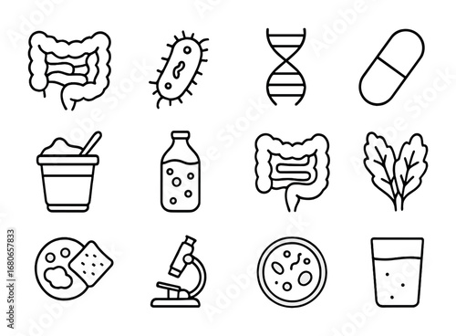Microbiome Health Icons. Outline icon set of microbiome health: gut illustration, bacteria cell, DNA helix,