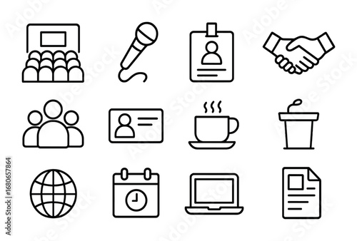 Networking Icons Set. Outline icon set of networking events: conference hall, microphone, name badge,