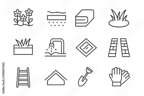 Green Roof Icon Set. Outline icon set of green roofs: sedum plants, drainage layer, insulation, grass patch,
