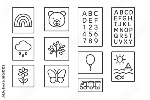 Nursery Wall Art Icons. Outline icon set of playful wall art for nursery: rainbow print, animal illustration,