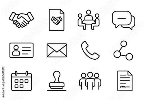Stakeholder Icon Set. Outline icon set of stakeholder relationship management: handshake, partnership document