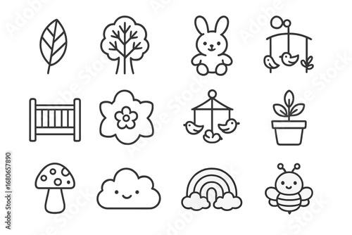 Nature Nursery Icons. Outline icon set of nature-inspired nursery design: leaf wall decal, tree mural, floral