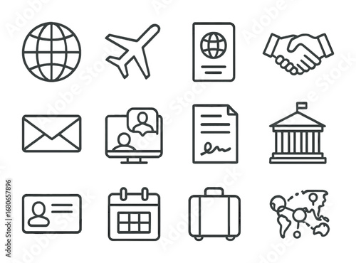 International Partnership Icons. Outline icon set of international partnerships: globe, airplane, passport,