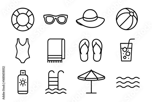 Pool Day Icons. Outline icon set of floating in the pool on a sunny day: inflatable ring, sunglasses, sun hat,