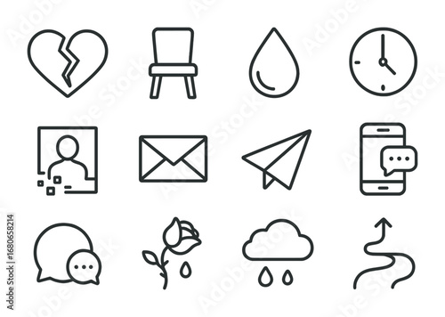Grieving Icon Set. Outline icon set of grieving missed connections: broken heart, empty chair, tear drop,