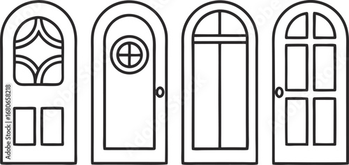 Four arched doors in a row, each with a unique design, showcase a variety of styles and architectural details