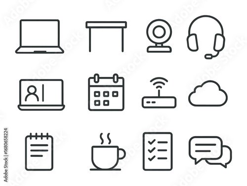 Remote Work Icons. Outline icon set of remote work tools: laptop, desk, webcam, headphones, video call screen,