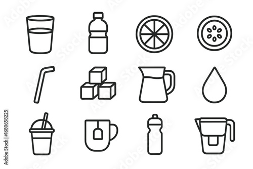 Hydration Icon Set. Outline icon set of hydration habits: water glass, bottle, lemon slice, cucumber, straw,