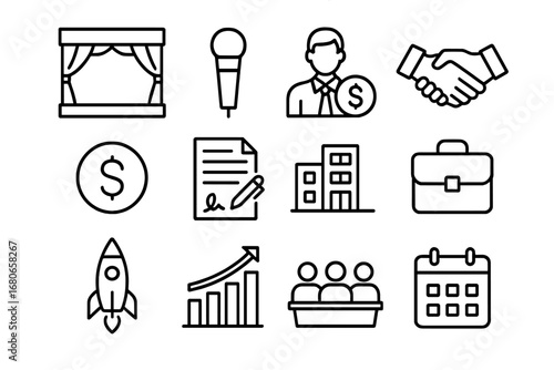 Capital Event Icons. Outline icon set of capital raising events: gala stage, microphone, investor, handshake,