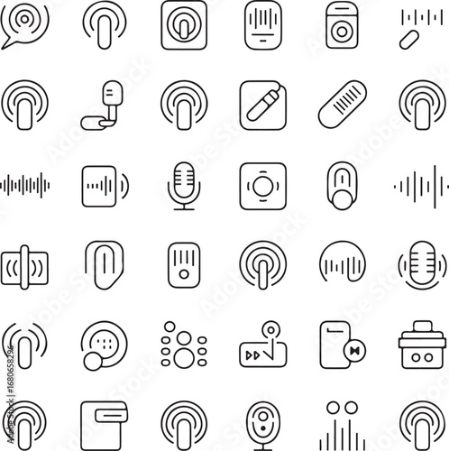 Audio and podcast icons with microphones, sound waves, and devices speaker