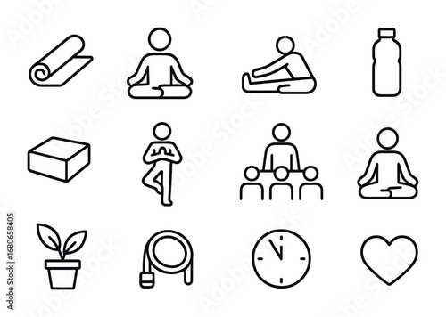 Yoga Class Icons. Outline icon set of friends doing yoga class: yoga mat, lotus pose, stretching, water bottle