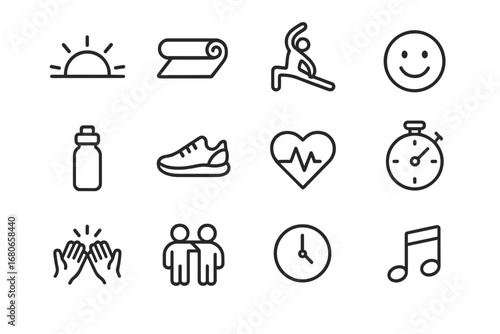 Morning Workout Icons. Outline icon set of morning workout buddies: sunrise, yoga mat, stretching pose, smile