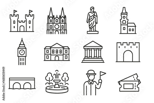 Landmark Icon Collection. Outline icon set of visiting historical landmarks: castle, cathedral, ancient gate,