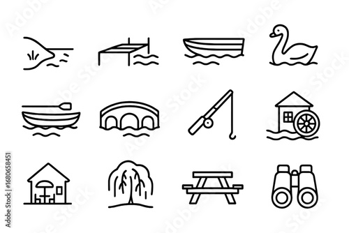 Riverside Sightseeing Icons. Outline icon set of riverside sightseeing: riverbank, dock, rowboat, swan, canoe,