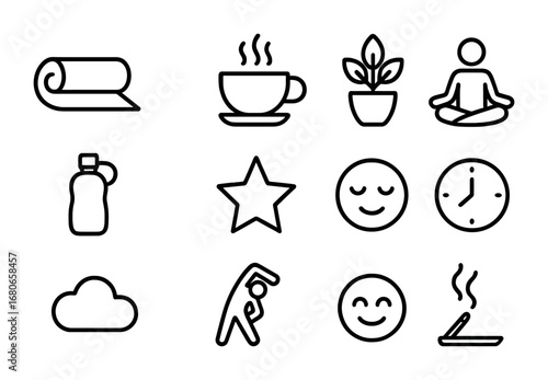 Relaxation Icon Set. Outline icon set of relaxation after class: yoga mat, tea cup, plant, lotus pose, water
