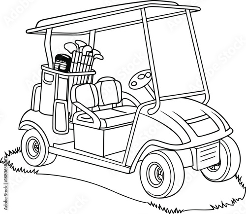 Illustration of a golf cart with clubs and seating arrangement on a clean white background