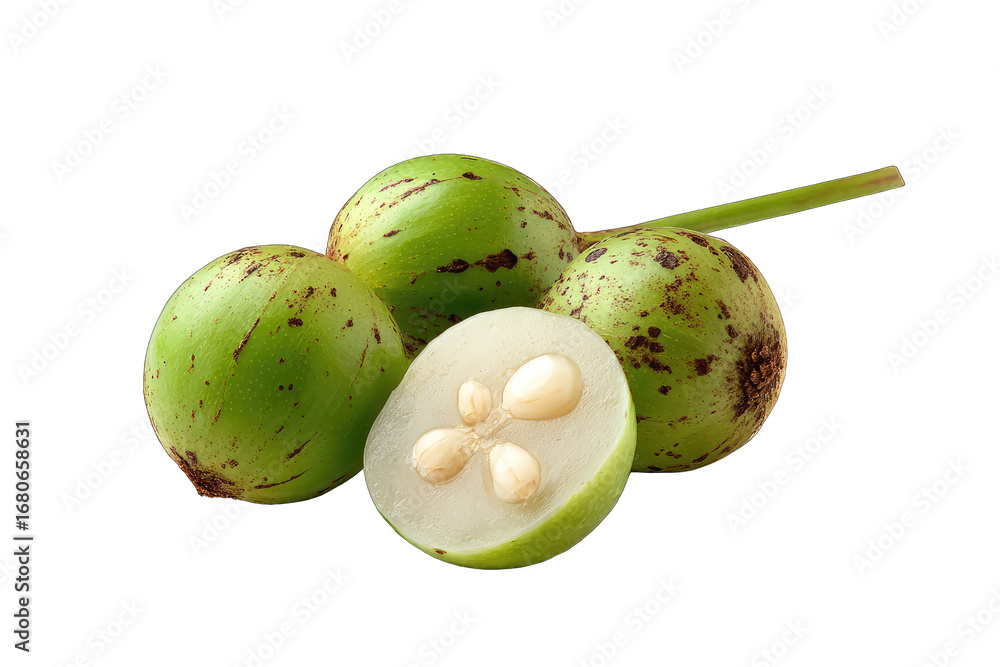 Obraz premium Fresh green fruit, speckled with dark spots, one halved to reveal seeds