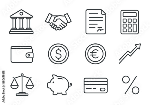 Business Loan Icons. Outline icon set of business loans: bank building, handshake, document, calculator,