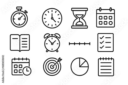 Time Management Icons. Outline icon set of time management skills: stopwatch, wall clock, hourglass, calendar,