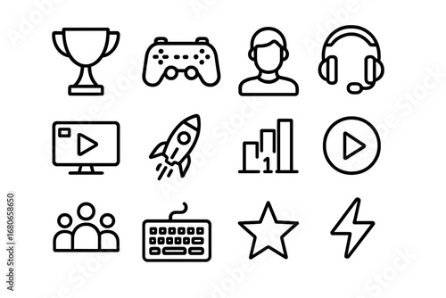 E-Sports Icon Set. Outline icon set of e-sports tournaments: trophy, joystick, avatar, headphones, streaming