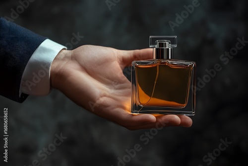 stylish male hand offering cologne bottle, dark and elegant background 
