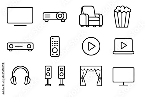 Smart Home Cinema Icons. Outline icon set of smart home cinema: large TV, projector, recliner chair, popcorn,