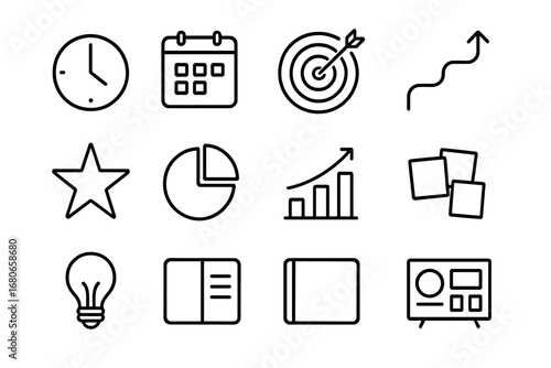 Future Planning Icons. Outline icon set of future planning: clock, calendar, target icon, arrow path, star,