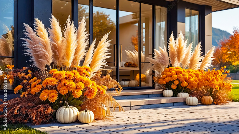 custom made wallpaper toronto digital Luxury autumn terrace of modern countryside cottage decorated with pumpkins, pampas grass, and seasonal fall decor.